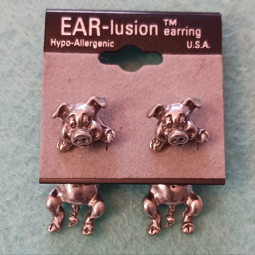 EAR-lusion Pig Piglet Pierced Earrings Dangle New (Older) Signed FBJ